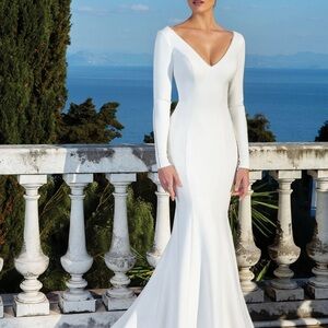 Justin Alexander 88128 Fit And Flare Jersey Crepe Gown Long Sleeve